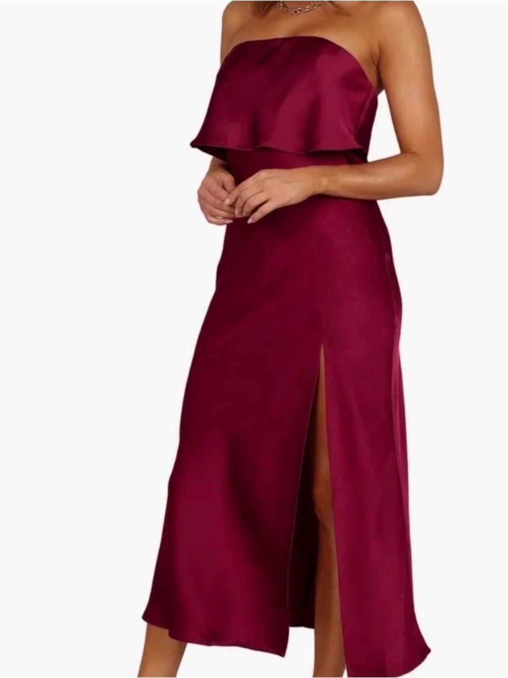 Petal & Pup Vienna Popover Strapless Satin
Midi Dress in Berry, New with Tags